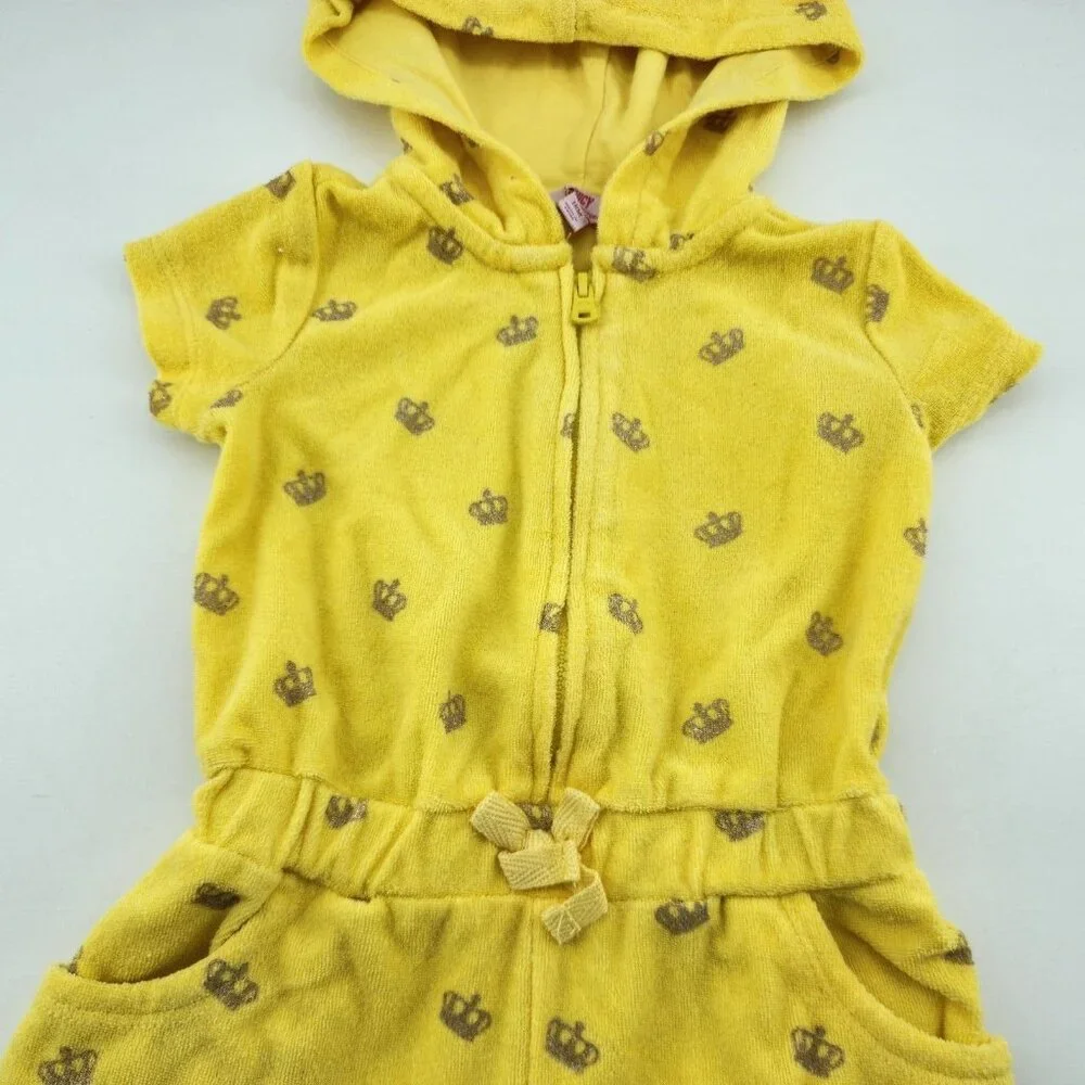 Juicy Couture Baby Girl Zip Front Hooded Romper Terry Cloth Yellow Crowns Sz 18M
